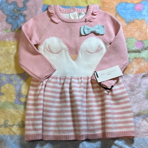 NWT Max studio baby sweater dress, long sleeve pink penguin dress size 12 mo - Picture 2 of 6